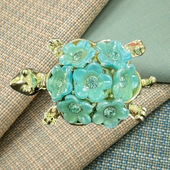 Vintage Blue Flower Gold Tone Turtle Brooch 1960s Cute Figural Pin - Picture 8 of 15